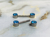 Pair of 14G Implant Grade Titanium Internally Threaded Bezel Set Aqua Stone Nipple Barbells. Nipple Piercing. Nipple Jewelry. Nipple Rings